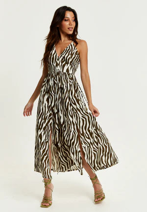 Brown Zebra Strappy Midi Dress With Open Back Liquorish